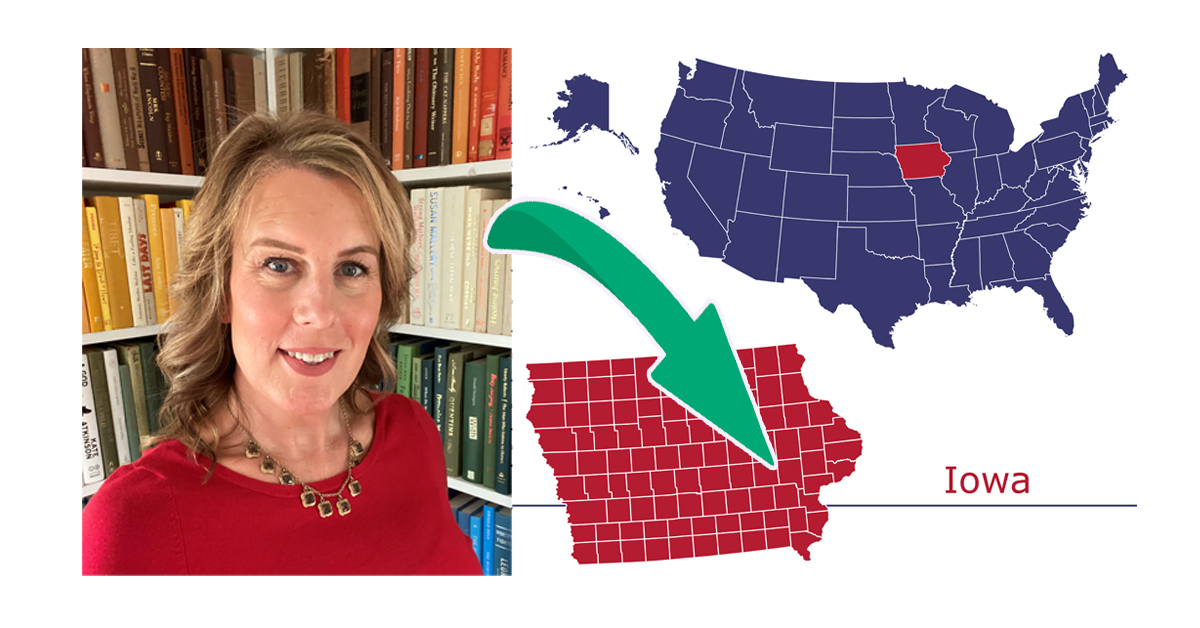 Map showing Iowa and location of Iowa House District 91 in Iowa and Johnson counties, and photo of Democratic contender Elle Wyant