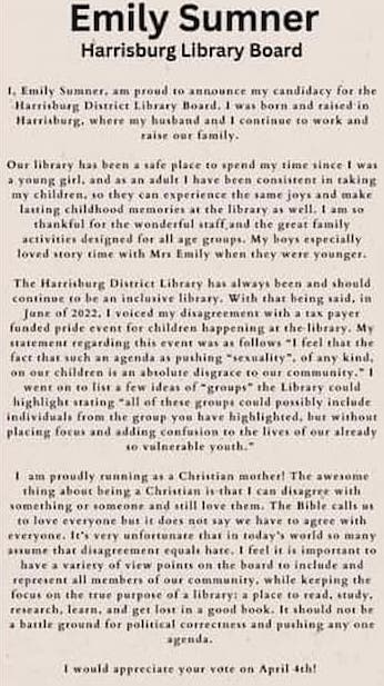Anti-LGBTQ campaign letter from Emily Sumner, candidate for Harrisburg Library Board April 4.