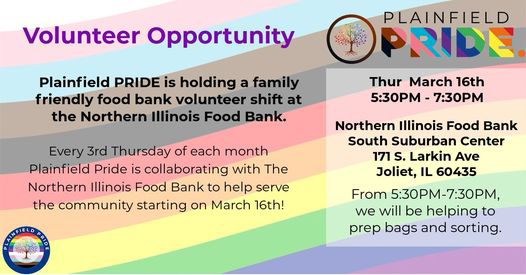 Plainfield Pride Volunteer Opportunity with the Northern Illinois Food Bank March 16