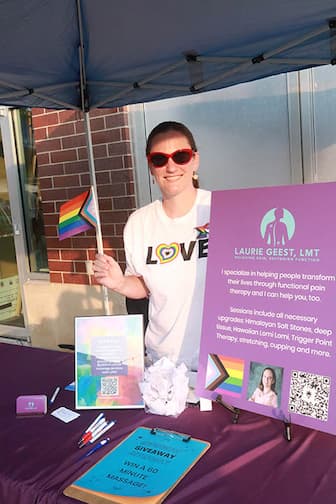 Laurie Geest, LMT, at the Pride Party at Bass Street Landing June 17.