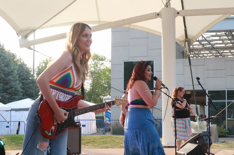 Katie Quinn and Ava Rowland of BTDT, formerly Been There Done That, at the Pride Party at Bass Street Landing in Moline June 17, 2023