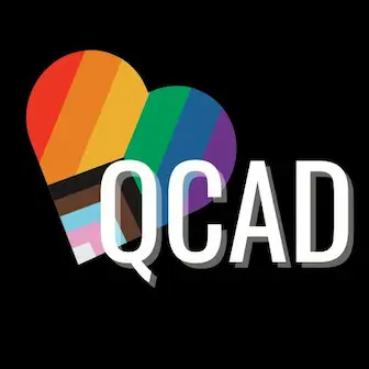 QCAD which stands for Quad Citians Affirming Diversity, along with a heart bearing the Progress Pride version of LGBTQ+ colors