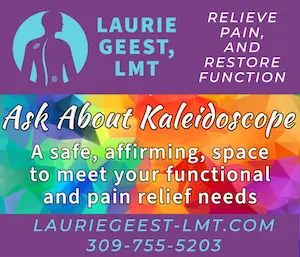 Laurie Geest, LMT, offering Kaleidoscope safe space massage for LGBTQ+ people