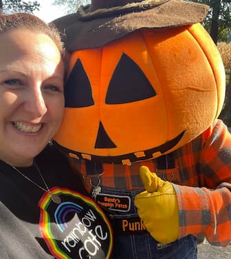 Carrie Vine and Bandy, mascot for Bandy's Pumpkin Patch.