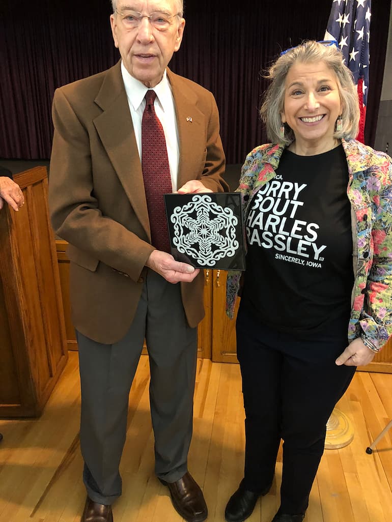 Julie Meyerson Ross with Sorry About Charles Grassley shirt 770 by 1026