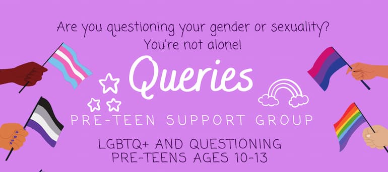 Queries pre-teen support group and flags representing transgender, asexual, LGBTQ and bisexual