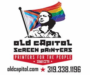Old Capitol Screen Printers with Susan B. Anthony and Progress Pride flag