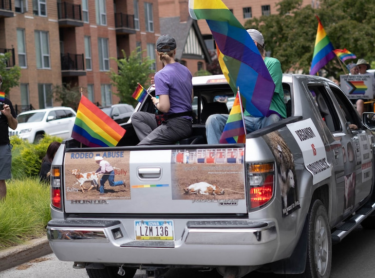 Veganism is nonviolence and rodeo=abuse truck in the Iowa City Pride Parade June 15