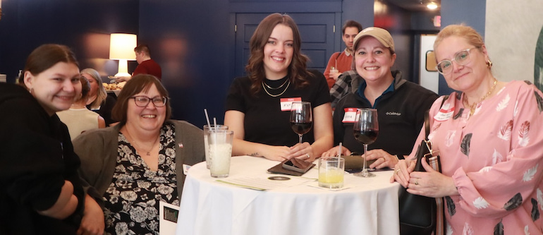 Community organizer Beka Pace, Iowa House Rep. District 93 candidate Mindy Smith Pace, Kyrie and Anna Cpeland of Kyrie Copeland Films, and Rachel Hart, mental health nurse practitioner with Green Counseling Services, at the Davenport launch.