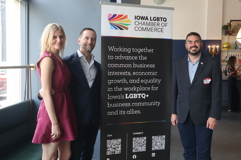 Erika Jensen, Dan Jansen, and Chad Johnston of the Iowa LGBTQ Chamber of Commerce on at the Davenport launch