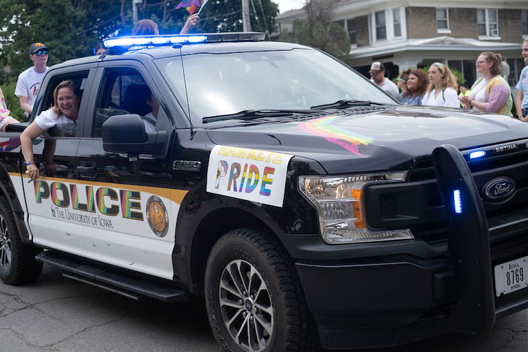 The Iowa City Police Department in the Iowa City Pride Parade June 15