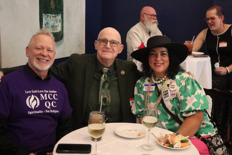 Rich Hendricks of MCC of the Quad Cities; Ken Croken for State Representative District 97, and Natasha Hoenig of Free Mom Hugs at the Davenport launch