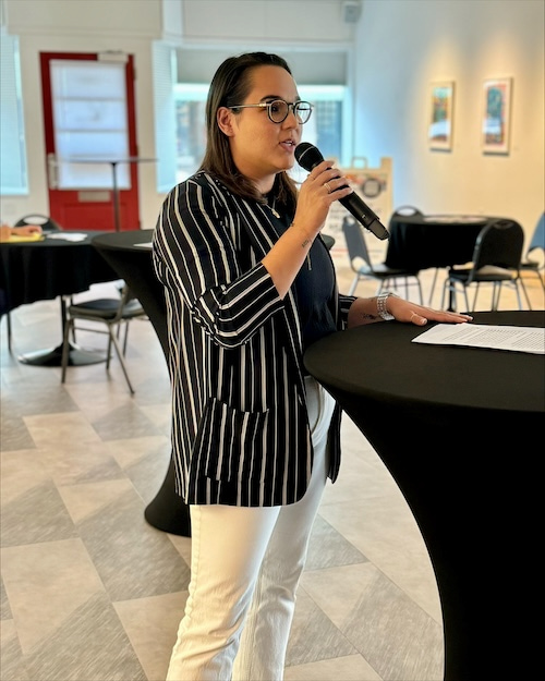 Sabrina Kent, executive vice president of the National LGBTQ Chamber of Commerce, speaking at the Dubuque gathering