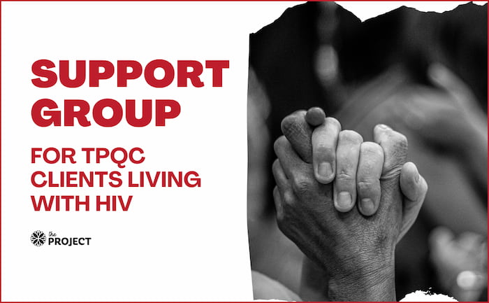 Image of TRQC Support Group poster the title of the event and an image of two hands clasped together. Image is in black and white.